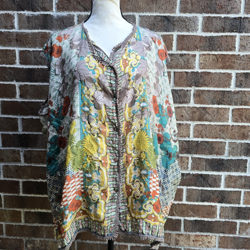 Johnny Was Silk Boho Floral Tunic Dolman Sleeve Size M